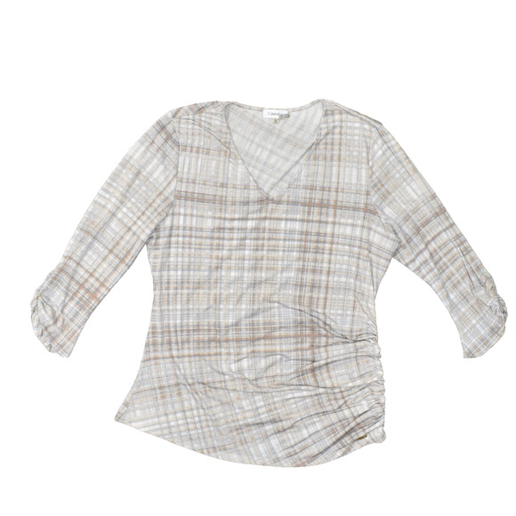 Calvin Klein Women's Size XL Blouse Top 3/4 Sleeve Beige Plaid Polyester V-Neck - Picture 1 of 8